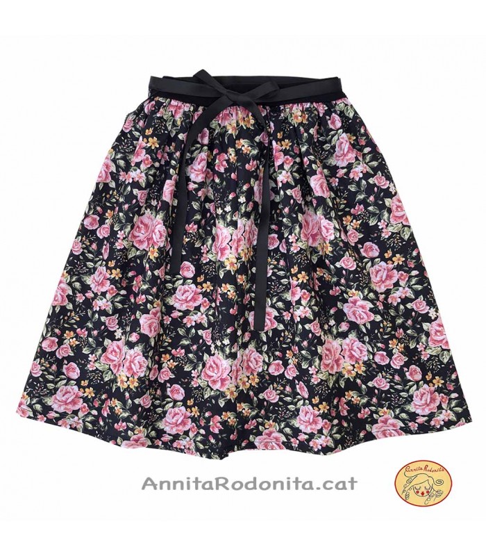 Faldilla i davantal de catalana, estampat negre i rosa